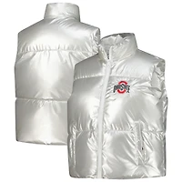 Women's ZooZatz Silver Ohio State Buckeyes Metallic Cropped Full-Zip Sleeveless Puffer Vest