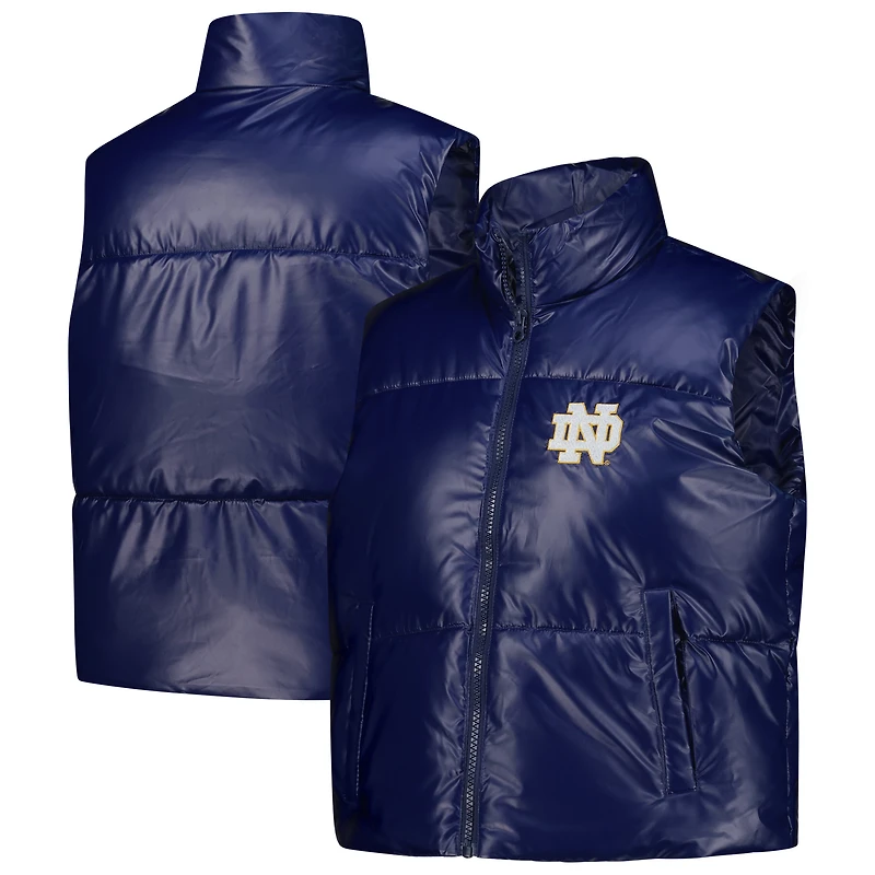 Women's ZooZatz Navy Notre Dame Fighting Irish Metallic Cropped Full-Zip Sleeveless Puffer Vest