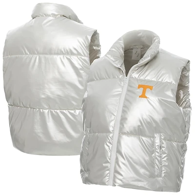 Women's ZooZatz Silver Tennessee Volunteers Metallic Cropped Full-Zip Sleeveless Puffer Vest