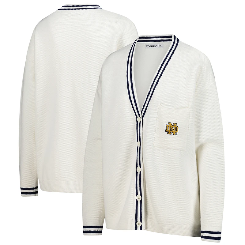 Women's ZooZatz Cream Notre Dame Fighting Irish Striped Knit Button-Up Cardigan