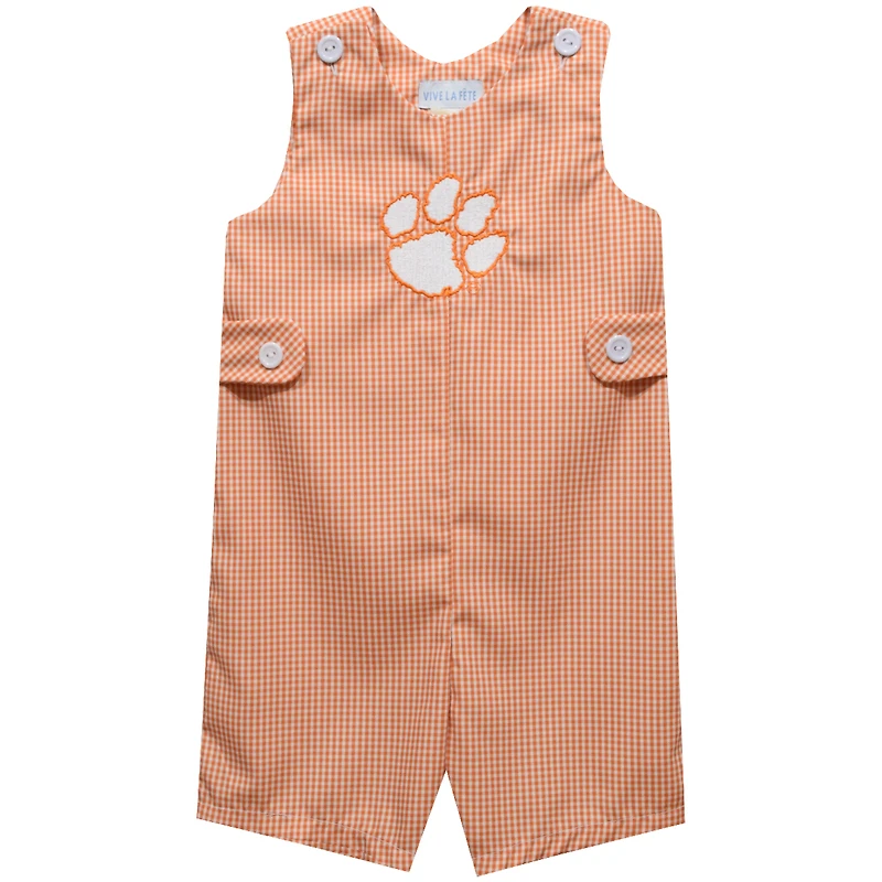 Toddler Vive La Fete Orange Clemson Tigers Gingham Jon Jon Romper