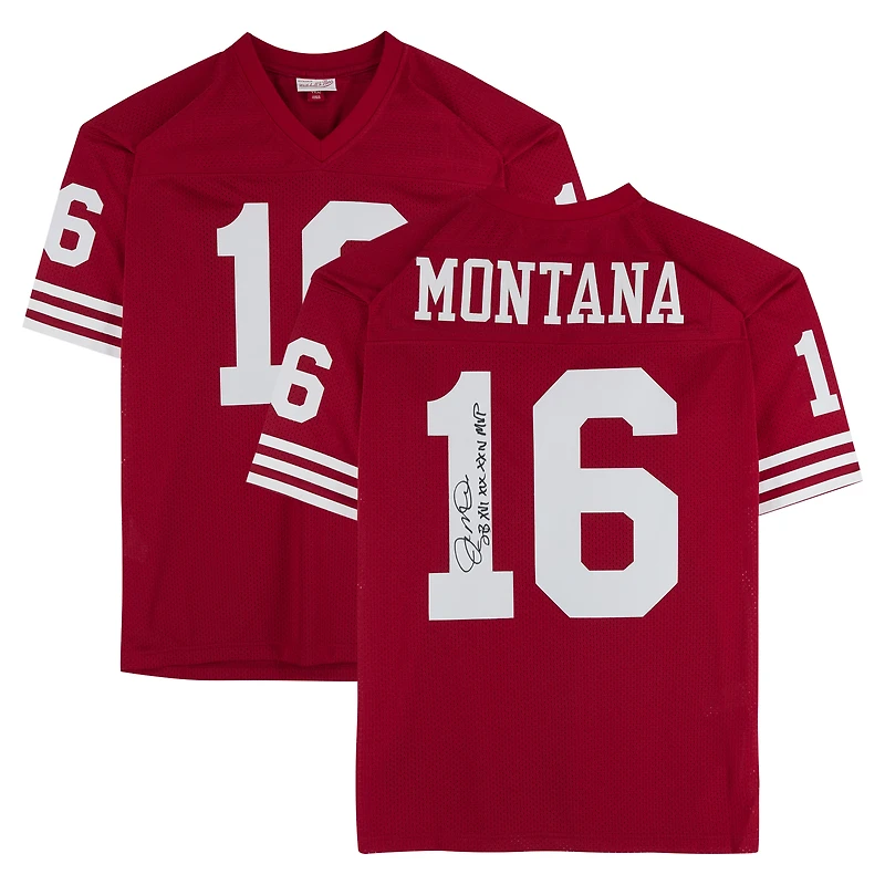 Joe Montana San Francisco 49ers Autographed Scarlet Mitchell & Ness Authentic Jersey with "SB XVI XIX XXIV MVP" Inscription