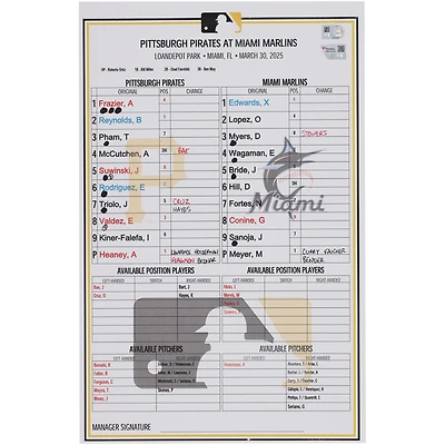 Pittsburgh Pirates Game-Used Lineup Card vs. Miami Marlins on March 30, 2025