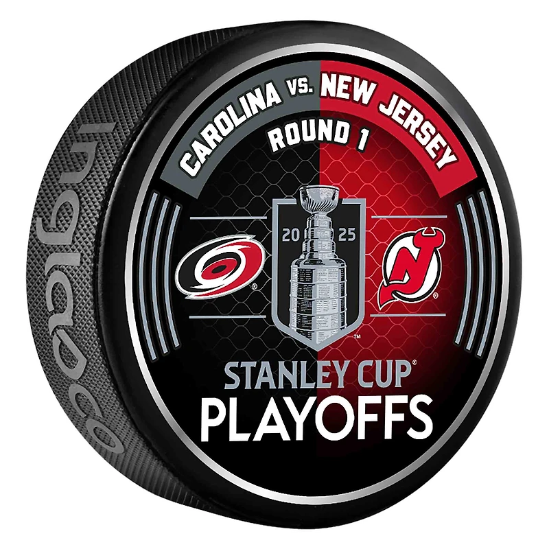 Inglasco Carolina Hurricanes vs. New Jersey Devils 2025 Stanley Cup Playoffs First Round Dueling Match-Up Hockey Puck