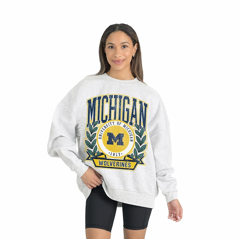 Women's Gameday Couture Gray Michigan Wolverines Premium Fleece Drop Shoulder Oversized Pullover Sweatshirt