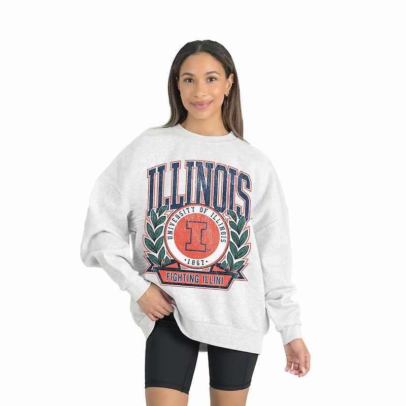 Women's Gameday Couture Gray Illinois Fighting Illini Premium Fleece Drop Shoulder Oversized Pullover Sweatshirt