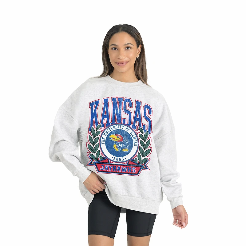 Women's Gameday Couture Gray Kansas Jayhawks Premium Fleece Drop Shoulder Oversized Pullover Sweatshirt