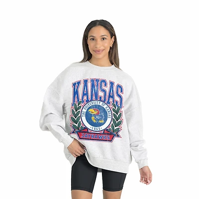 Women's Gameday Couture Gray Kansas Jayhawks Premium Fleece Drop Shoulder Oversized Pullover Sweatshirt