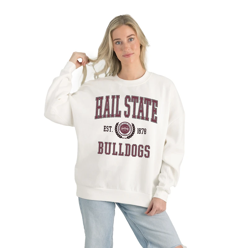 Women's Gameday Couture White Mississippi State Bulldogs Premium Fleece Drop Shoulder Oversized Pullover Sweatshirt