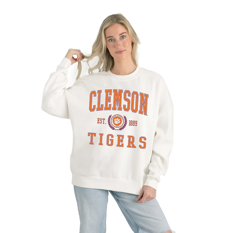 Women's Gameday Couture White Clemson Tigers Premium Fleece Drop Shoulder Oversized Pullover Sweatshirt
