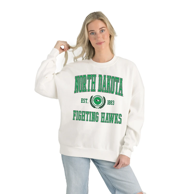 Women's Gameday Couture White North Dakota Premium Fleece Drop Shoulder Oversized Pullover Sweatshirt