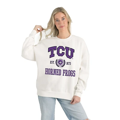 Women's Gameday Couture White TCU Horned Frogs Premium Fleece Drop Shoulder Oversized Pullover Sweatshirt