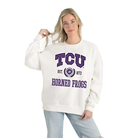 Women's Gameday Couture White TCU Horned Frogs Premium Fleece Drop Shoulder Oversized Pullover Sweatshirt