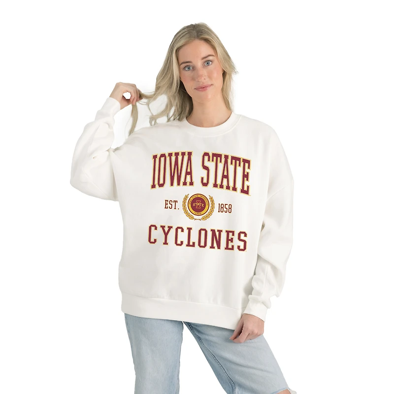 Women's Gameday Couture White Iowa State Cyclones Premium Fleece Drop Shoulder Oversized Pullover Sweatshirt