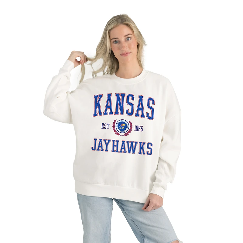 Women's Gameday Couture White Kansas Jayhawks Premium Fleece Drop Shoulder Oversized Pullover Sweatshirt