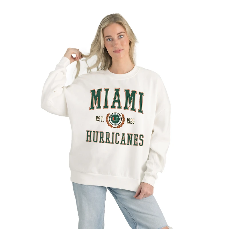 Women's Gameday Couture White Miami Hurricanes Premium Fleece Drop Shoulder Oversized Pullover Sweatshirt