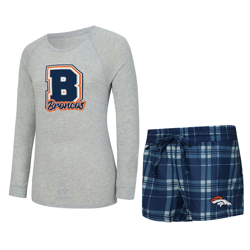 Women's Concepts Sport Heather Gray/Navy Denver Broncos Regulate Plaid Long-Sleeve T-Shirt & Shorts Sleep Set