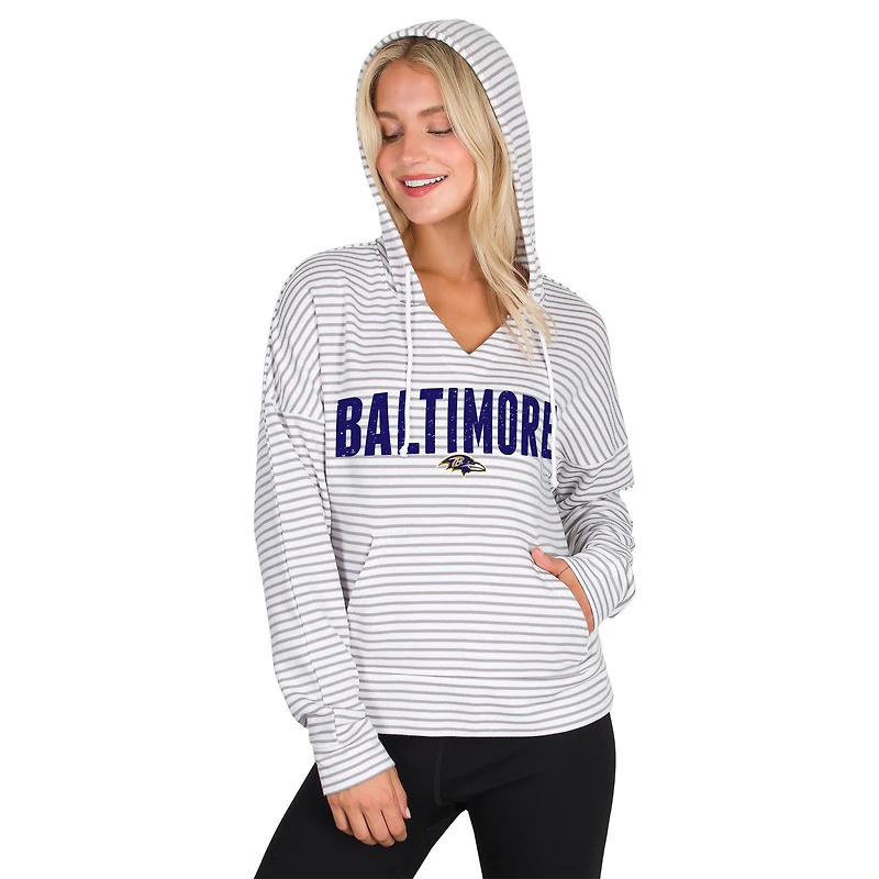 Women's Concepts Sport White/Gray Baltimore Ravens Liftoff Striped V-Neck Hoodie