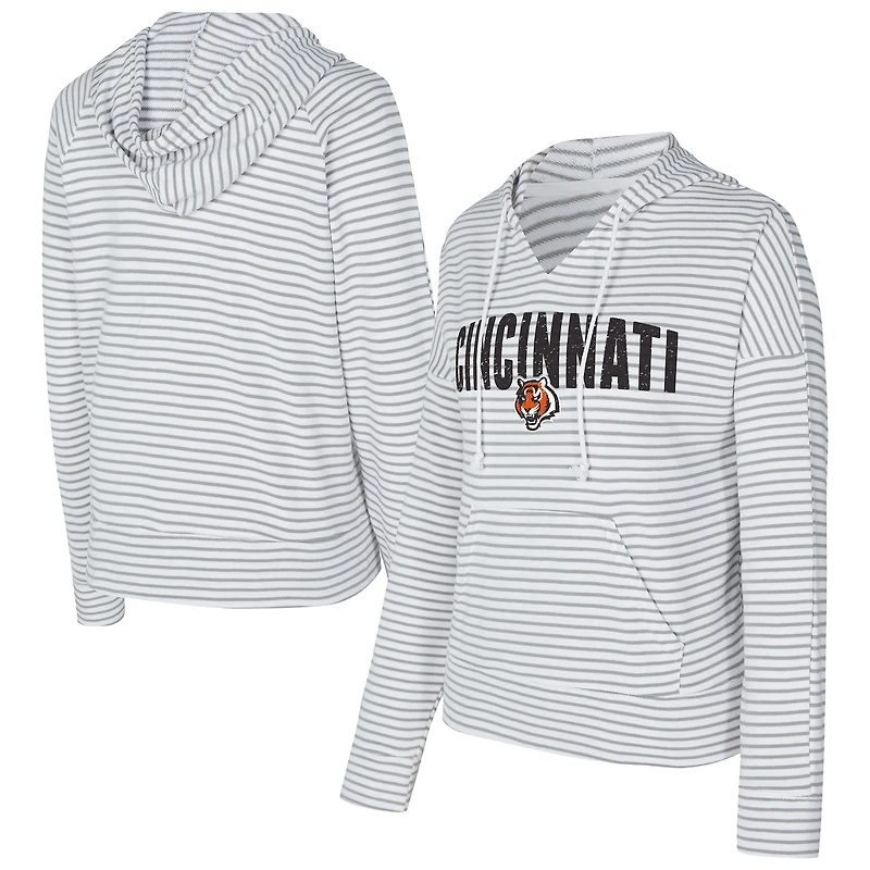 Women's Concepts Sport White/Gray Cincinnati Bengals Liftoff Striped V-Neck Hoodie