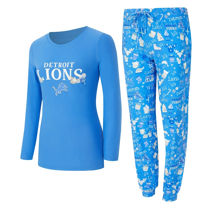 Women's Concepts Sport Blue Detroit Lions Chesnut Long Sleeve T-Shirt and Pant Sleep Set