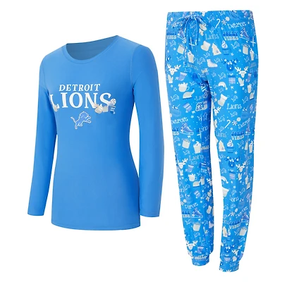 Women's Concepts Sport Blue Detroit Lions Chesnut Long Sleeve T-Shirt and Pant Sleep Set