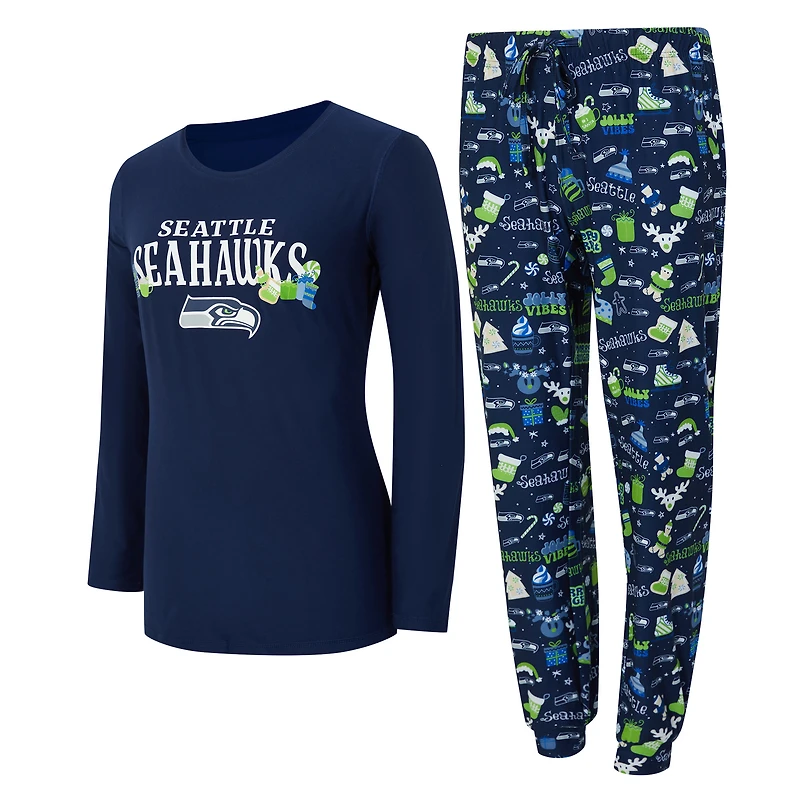 Women's Concepts Sport College Navy Seattle Seahawks Chesnut Long Sleeve T-Shirt and Pant Sleep Set