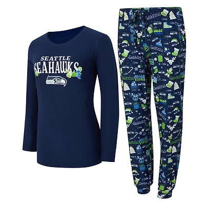 Women's Concepts Sport College Navy Seattle Seahawks Chesnut Long Sleeve T-Shirt and Pant Sleep Set