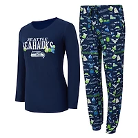 Women's Concepts Sport College Navy Seattle Seahawks Chesnut Long Sleeve T-Shirt and Pant Sleep Set