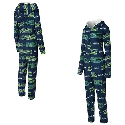 Women's Concepts Sport College Navy Seattle Seahawks Roadway Allover Print Microfleece Full-Zip Union Suit