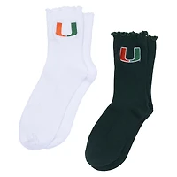 Women's ZooZatz White/Black Miami Hurricanes Two-Pack Lettuce Hem Crew Socks