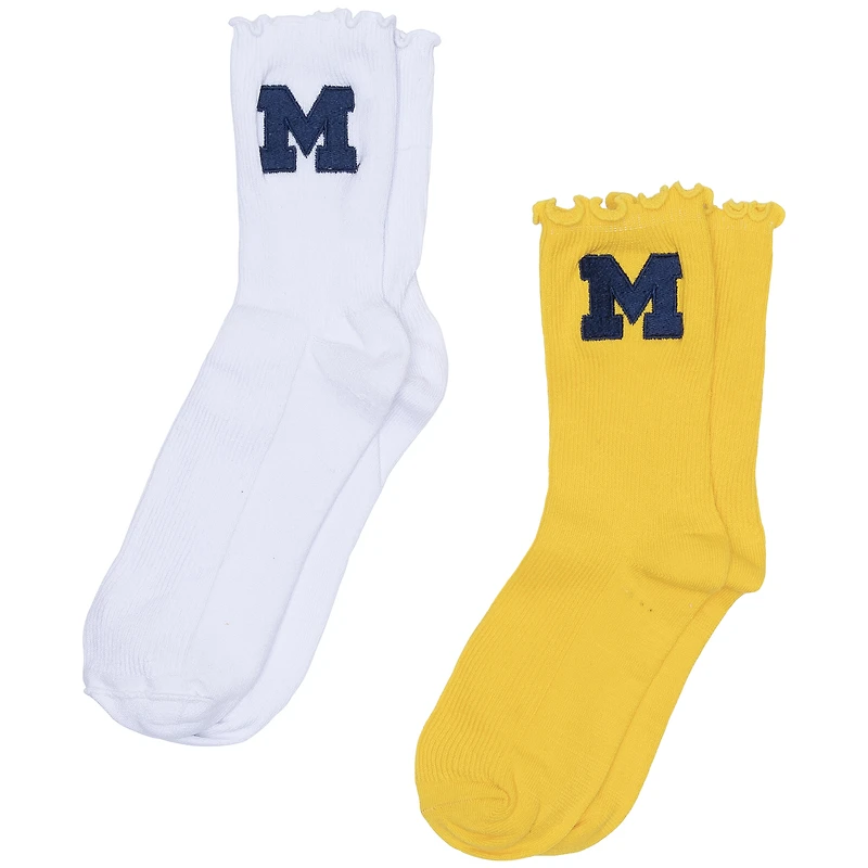 Women's ZooZatz White/Maize Michigan Wolverines Two-Pack Lettuce Hem Crew Socks