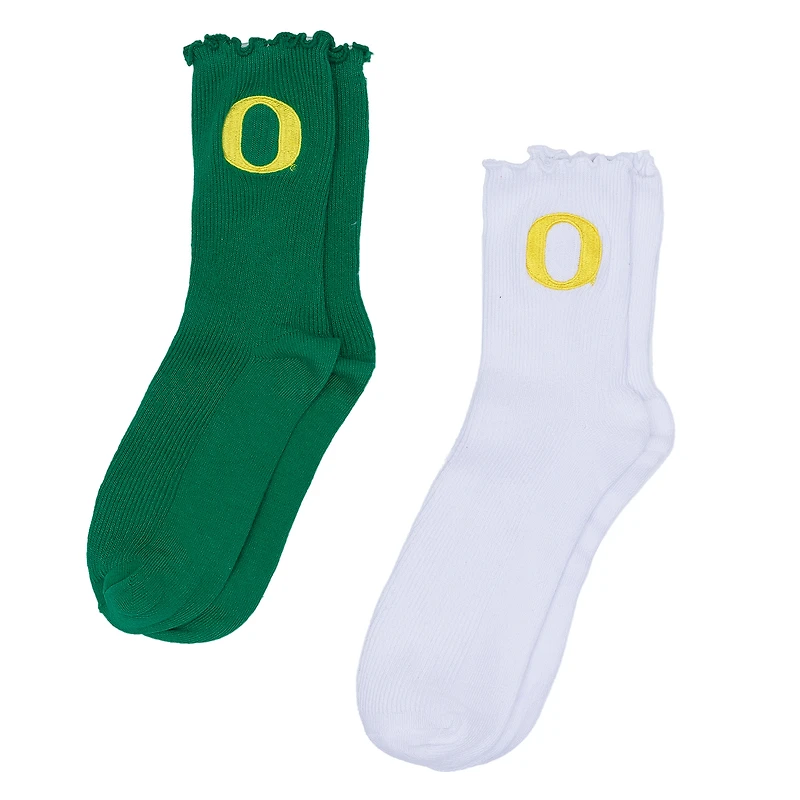 Women's ZooZatz White/Green Oregon Ducks Two-Pack Lettuce Hem Crew Socks