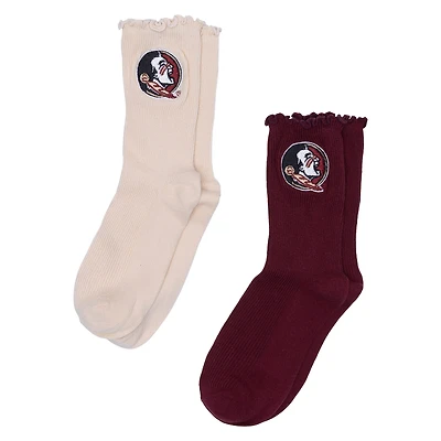 Women's ZooZatz Cream/Garnet Florida State Seminoles Two-Pack Lettuce Hem Crew Socks