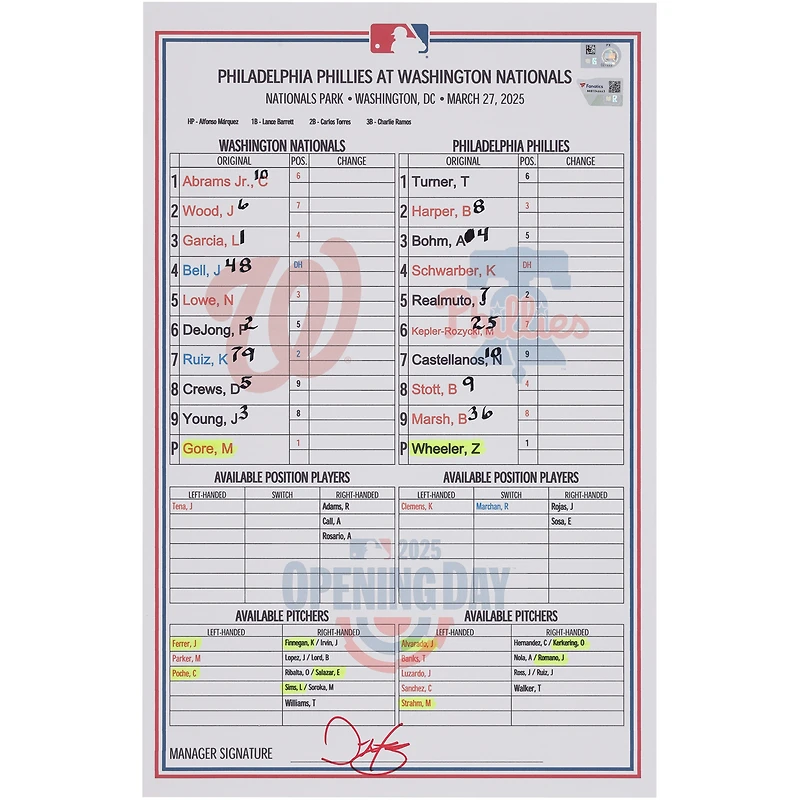 Washington Nationals Game-Used Lineup Card vs. Philadelphia Phillies on March 27, 2025 - Opening Day