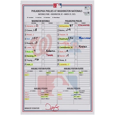 Washington Nationals Game-Used Lineup Card vs. Philadelphia Phillies on March 29, 2025