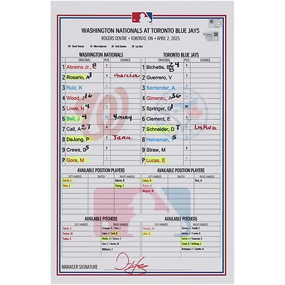 Washington Nationals Game-Used Lineup Card vs. Toronto Blue Jays on April 2, 2025
