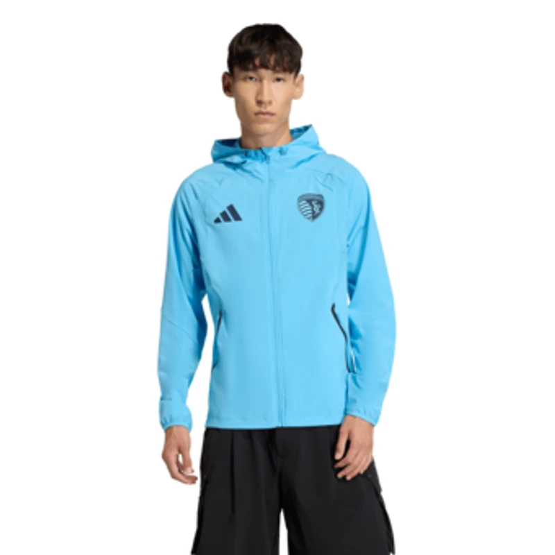 Men's adidas  Sky Blue Sporting Kansas City Tiro Travel Full-Zip Hooded Windbreaker