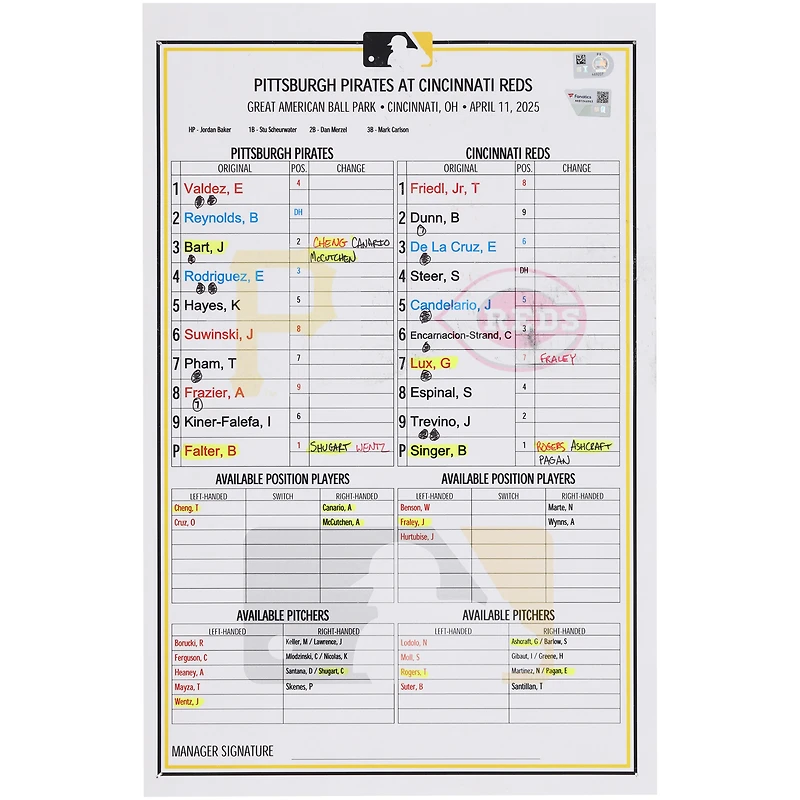 Pittsburgh Pirates Game-Used Lineup Card vs. Cincinnati Reds on April 11, 2025