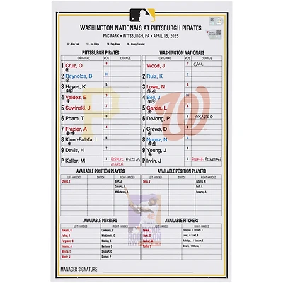 Pittsburgh Pirates Game-Used Lineup Card vs. Washington Nationals on April 15, 2025