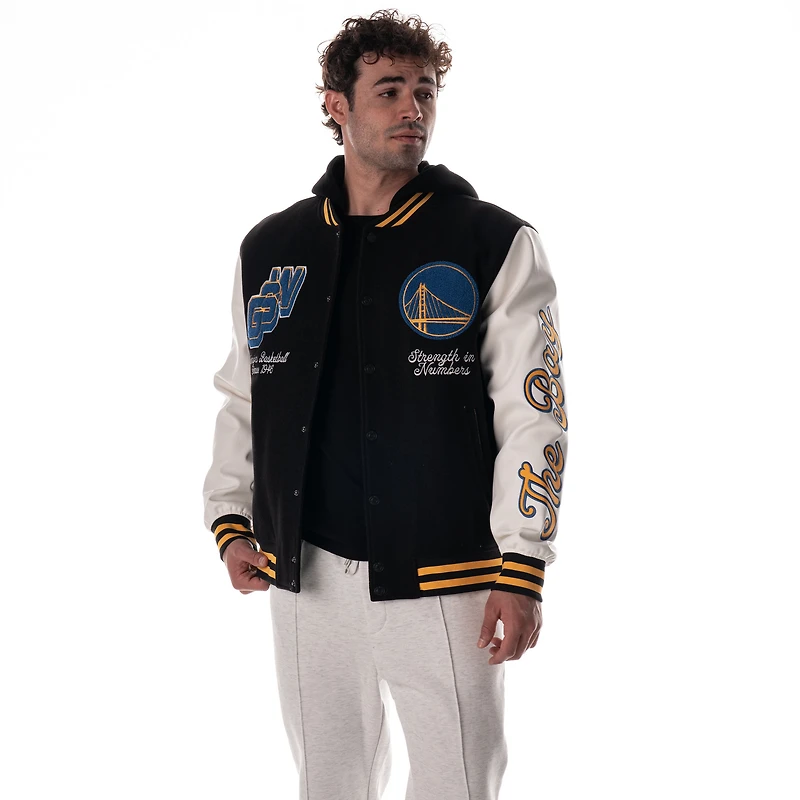 Unisex The Wild Collective Black Golden State Warriors Full-Snap Hooded Wool Varsity Jacket