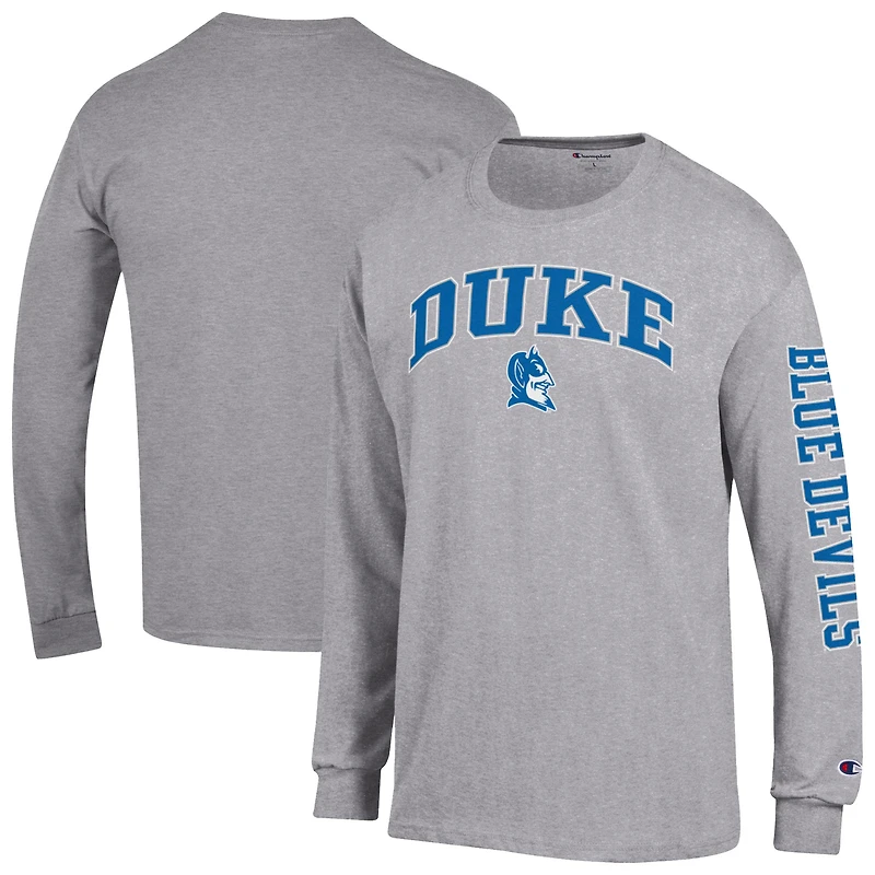 Men's Champion Heather Gray Duke Blue Devils Arch Over Logo 2-Hit Long Sleeve T-Shirt