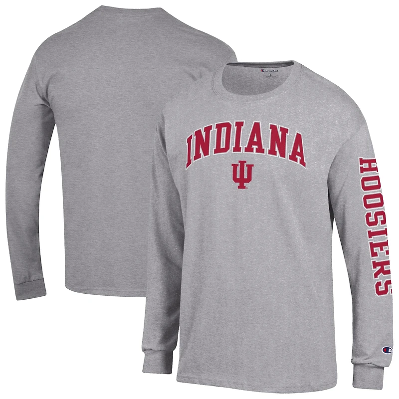 Men's Champion Heather Gray Indiana Hoosiers Arch Over Logo 2-Hit Long Sleeve T-Shirt