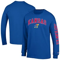 Men's Champion  Royal Kansas Jayhawks Arch Over Logo 2-Hit Long Sleeve T-Shirt