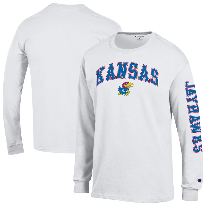 Men's Champion White Kansas Jayhawks Arch Over Logo 2-Hit Long Sleeve T-Shirt