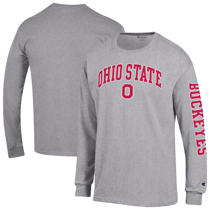 Men's Champion Heather Gray Ohio State Buckeyes Arch Over Logo 2-Hit Long Sleeve T-Shirt