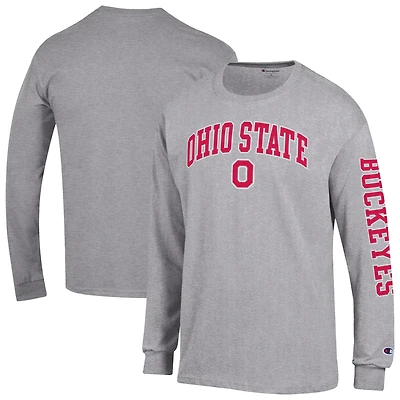 Men's Champion Heather Gray Ohio State Buckeyes Arch Over Logo 2-Hit Long Sleeve T-Shirt