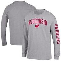 Men's Champion  Heather Gray Wisconsin Badgers Arch Over Logo 2-Hit Long Sleeve T-Shirt