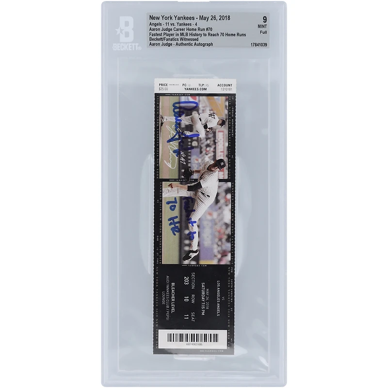 Aaron Judge New York Yankees Autographed Fastest Player in MLB History to Reach 70 Home Runs Beckett Fanatics Witnessed Authenticated 9 Ticket from May 26, 2018 with "Fastest to 70 HR" Inscription
