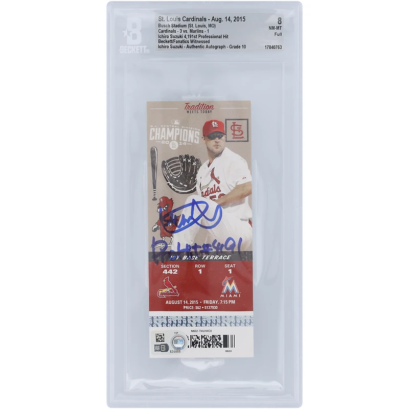 Ichiro Suzuki Miami Marlins Autographed 4,191st Professional Hit Beckett Fanatics Witnessed Authenticated 8/10 Ticket from August 14, 2015 with "Pro Hit #4191" Inscription