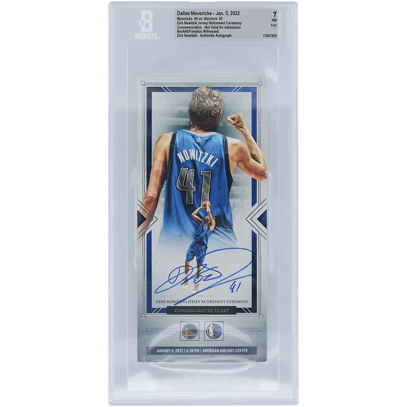 Dirk Nowitzki Dallas Mavericks Autographed Jersey Retirement Ceremony Commemorative Beckett Fanatics Witnessed Authenticated 7 Ticket from January 5, 2022